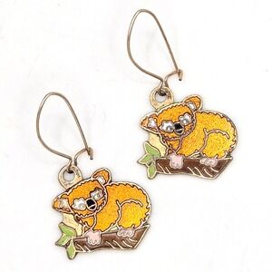 Vintage Aviva Taiwan Koala Bear Enamel Drop Earrings Gold Tone Kidney Wire
